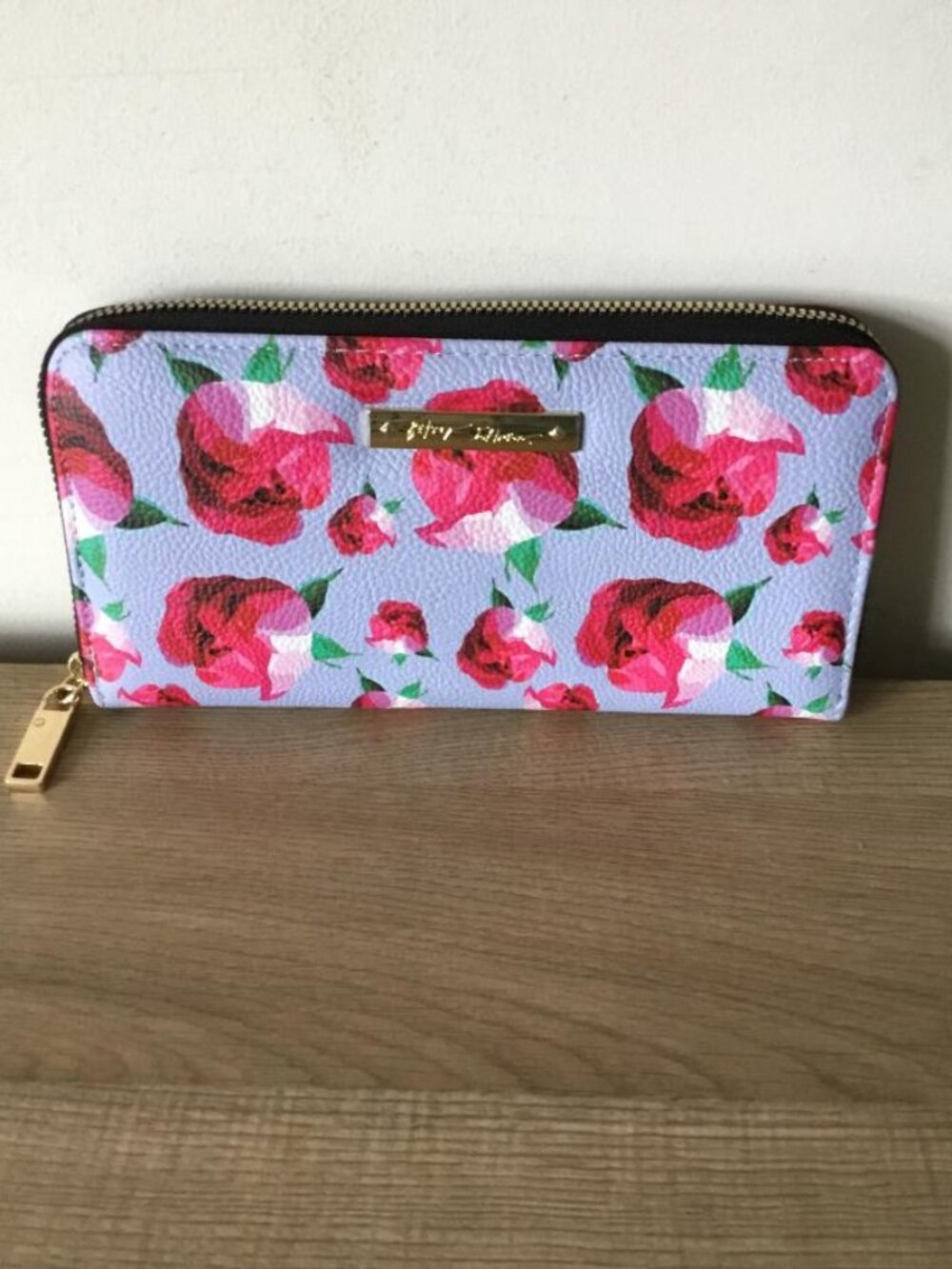 Betsey Johnson Blue with Floral Roses on Zip Around Wallet
